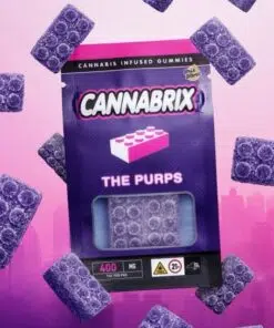 Cannabrix The Purps cannabis-infused gummies with 400mg THC, displayed against a vibrant pink and purple background.