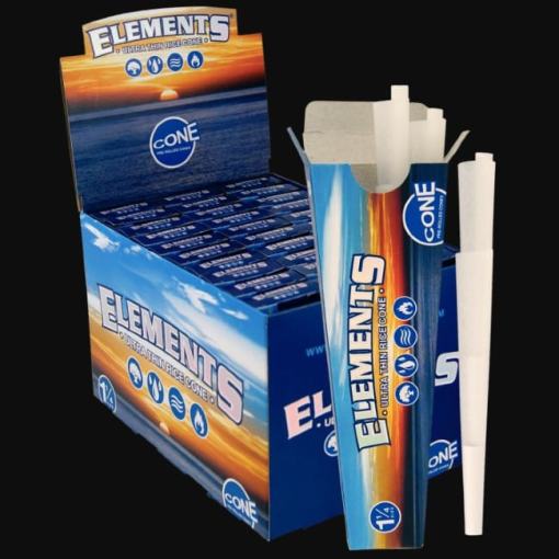 Elements ultra-thin rice cones display box with individual paper cones on a black background.