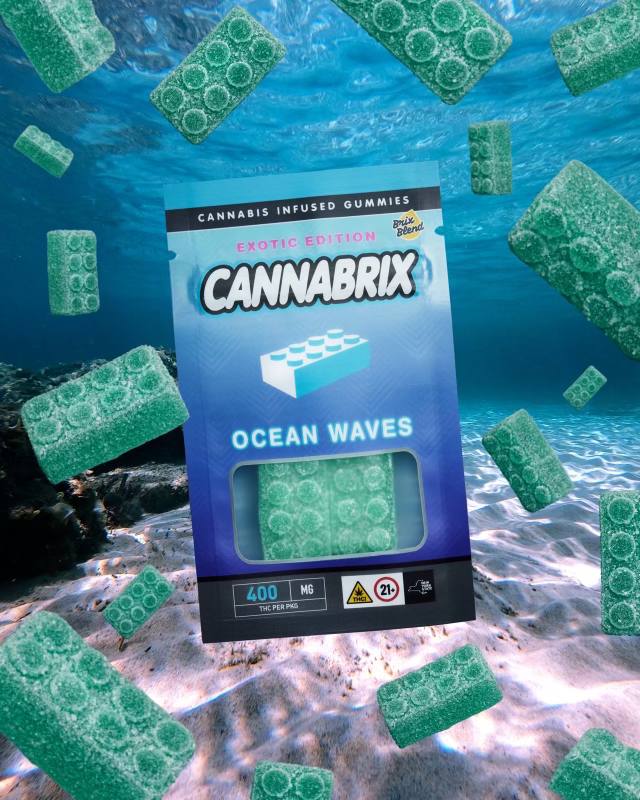 Cannabrix Ocean Waves cannabis gummies floating underwater with ocean-themed packaging and 400mg THC label.