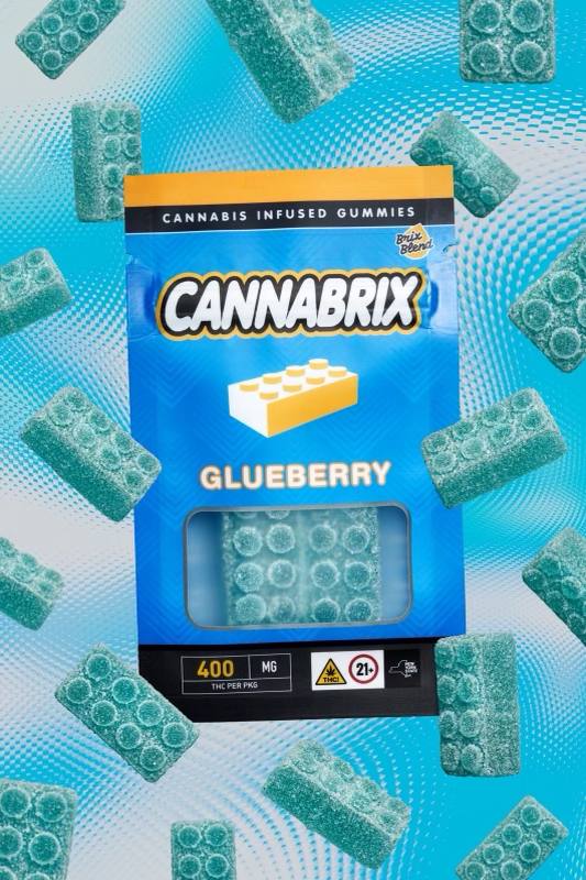 Glueberry (Blueberry) | Cannabrix gummies – 400mg 1 Cannabis-infused gummies packaging Cannabrix Glueberry with blue and green block design, 400mg THC content.