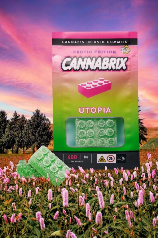 Cannabis-infused gummies packaging in a flower field, vibrant sky, 400mg THC, labeled Cannabrix Utopia.