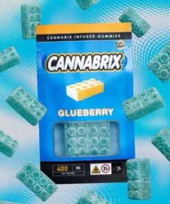 Cannabis-infused gummies packaging Cannabrix Glueberry with blue and green block design, 400mg THC content.