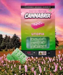 Cannabis-infused gummies packaging in a flower field, vibrant sky, 400mg THC, labeled Cannabrix Utopia.