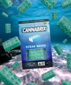 Cannabrix Ocean Waves cannabis gummies floating underwater with ocean-themed packaging and 400mg THC label.