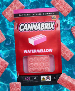 Cannabrix Watermellow gummies floating in water, featuring packaging with 400 mg THC, for ages 21 and over.