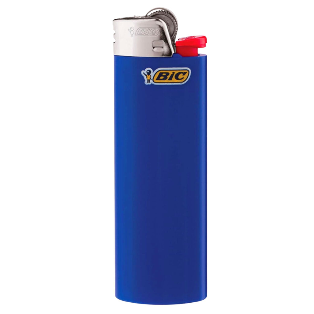 Blue Bic lighter with metal top and red ignition button, isolated on a white background.