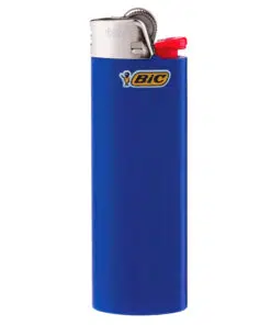 Blue Bic lighter with metal top and red ignition button, isolated on a white background.