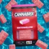 Cannabis-infused watermelon gummy pack floating with gummies on a blue water-themed background.