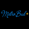 MetroBud logo with blue script font and small yellow leaf symbol on black background.