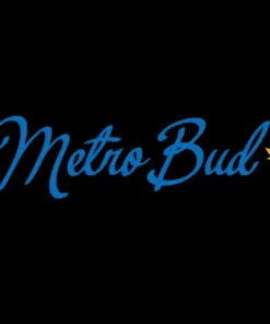 MetroBud logo with blue script font and small yellow leaf symbol on black background.
