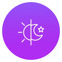 Moon and sun icon with a star on a purple gradient background, symbolizing day-night cycle or dual themes.