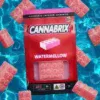 Cannabis-infused watermelon gummy pack floating with gummies on a blue water-themed background.