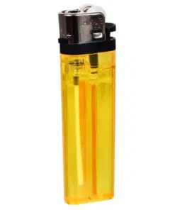 Yellow disposable lighter with metal top on white background. Ideal for camping and emergencies.