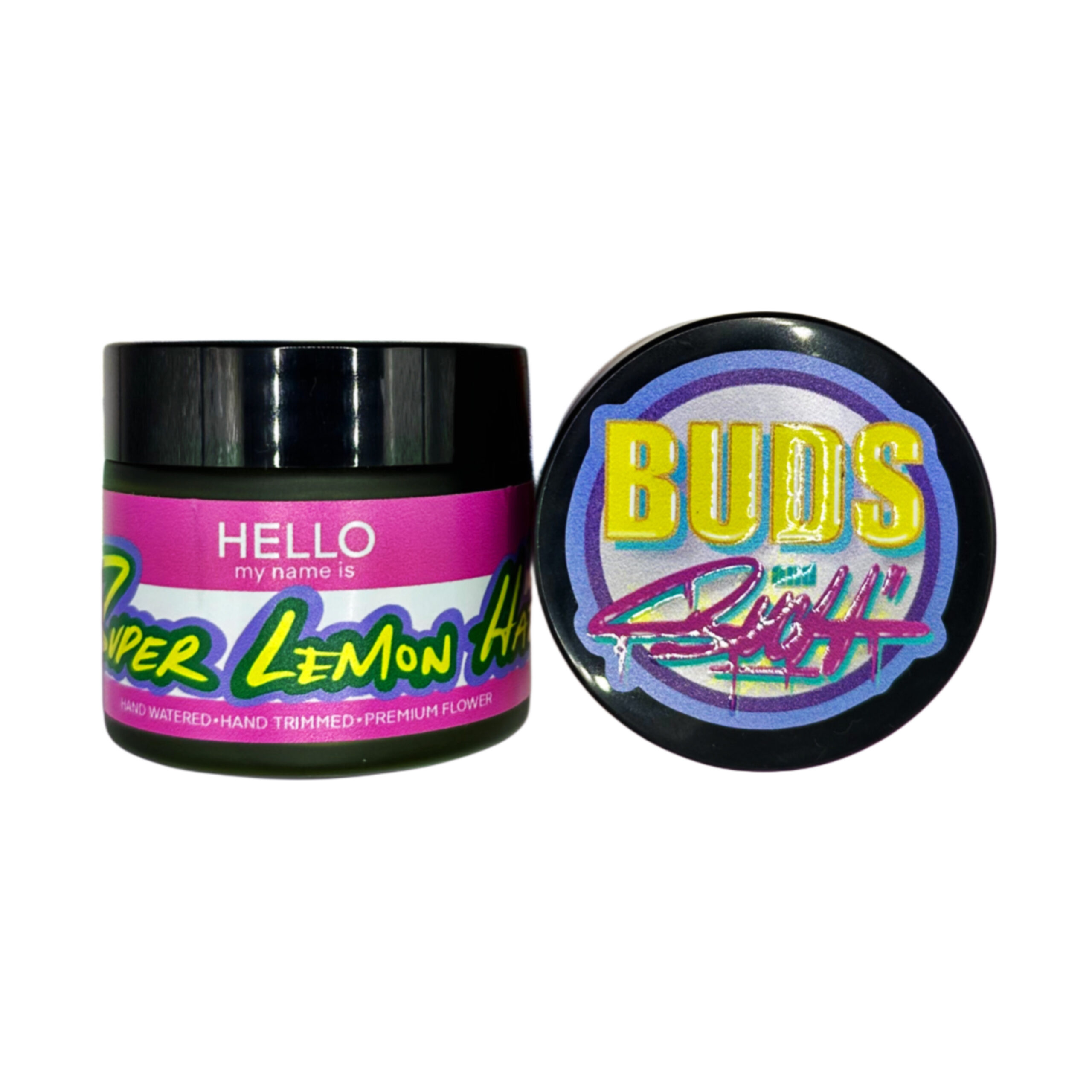Super Lemon Haze | Buds N Such 2 Cannabis jar labeled Super Lemon by Buds Broski, showcasing premium hand-trimmed flower.
