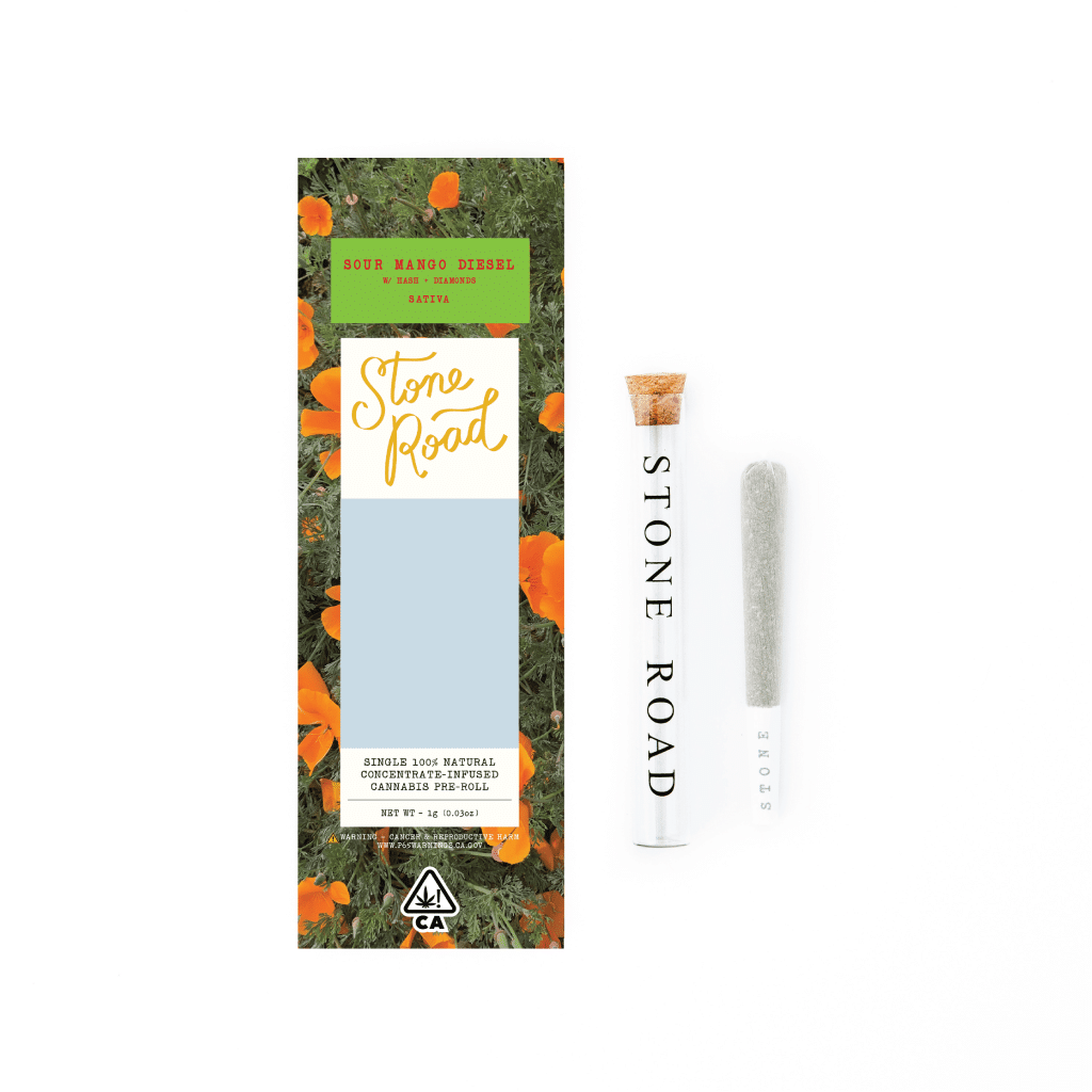 Stone Road Sour Mango Diesel pre-roll in glass tube with floral packaging, 100% natural concentrate-infused cannabis.