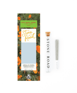 Stone Road Sour Mango Diesel pre-roll in glass tube with floral packaging, 100% natural concentrate-infused cannabis.