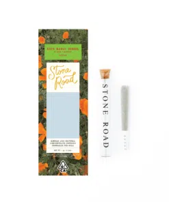 Stone Road Sour Mango Diesel pre-roll in glass tube with floral packaging, 100% natural concentrate-infused cannabis.