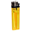 Yellow disposable lighter with metal top on white background. Ideal for camping and emergencies.