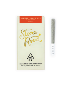 Stone Road Summer Peach Pie cannabis pre-roll packaging and single joint, 100% natural hybrid.