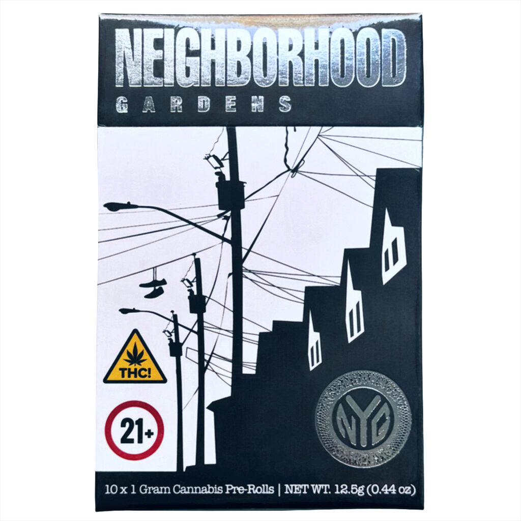 Packaging for Neighborhood Gardens cannabis pre-rolls, featuring THC and 21+ symbols, 10 x 1g, 12.5g total.