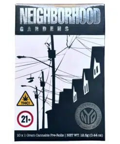 Packaging for Neighborhood Gardens cannabis pre-rolls, featuring THC and 21+ symbols, 10 x 1g, 12.5g total.