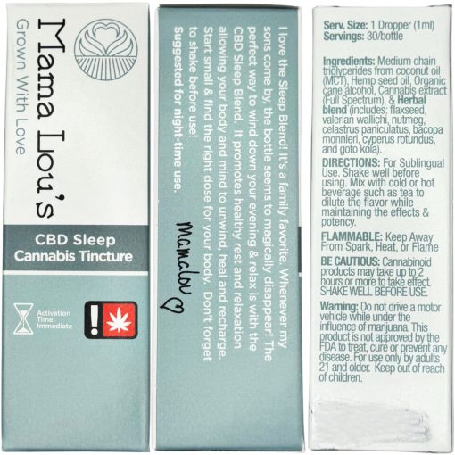 CBD Sleep Cannabis Tincture (30ml) | Mama Lou’s 1 Mama Lou's CBD Sleep Cannabis Tincture box with usage directions, ingredients, and cautionary details.