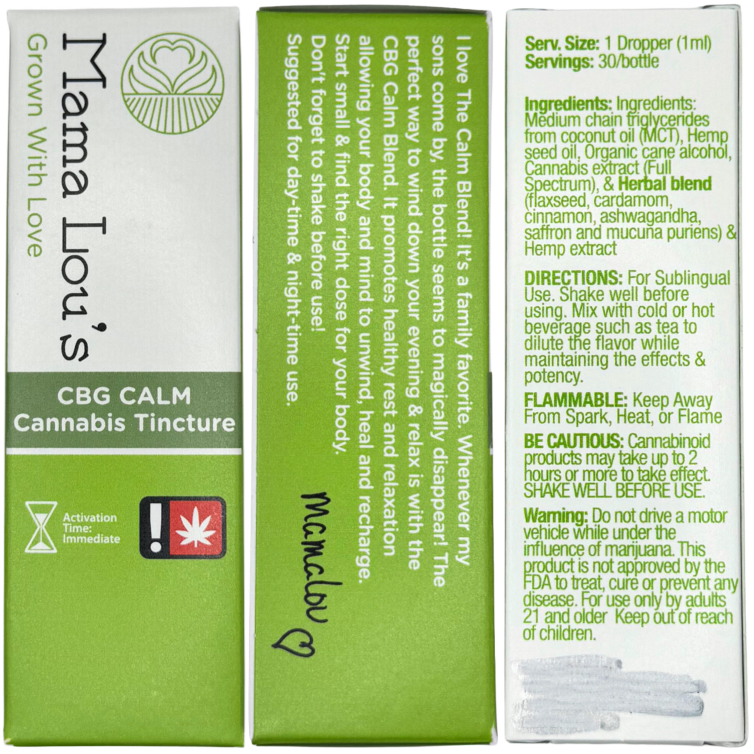 CBG Calm Cannabis Tincture (30ml) | Mama Lou’s 1 Mama Lou's CBG Calm Cannabis Tincture packaging with ingredients and usage instructions.