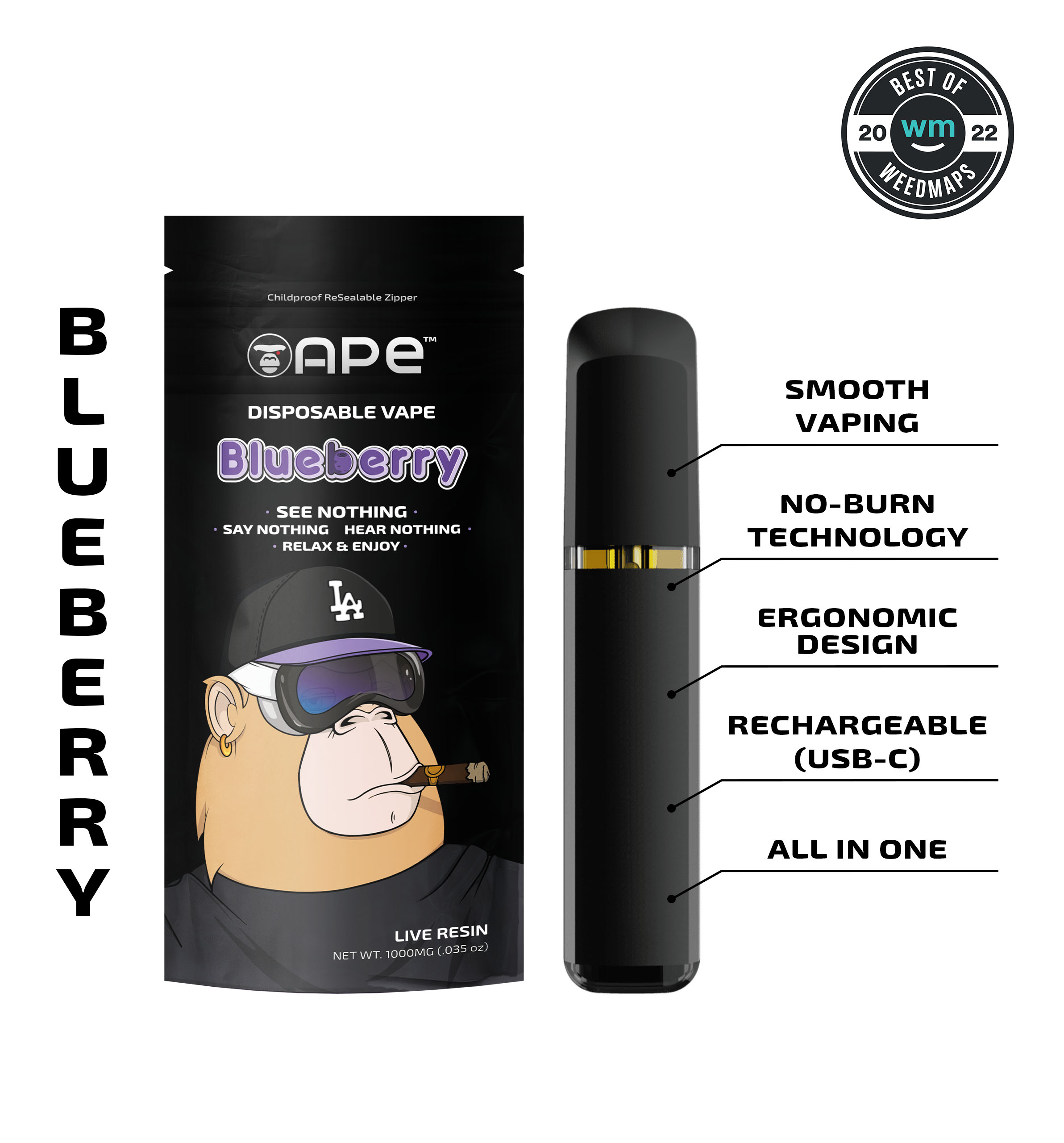 Blueberry – 1g Live Resin Disposable Vape | APE 1 Blueberry disposable vape by Ape with smooth vaping, no-burn tech, ergonomic design, and USB-C rechargeability.