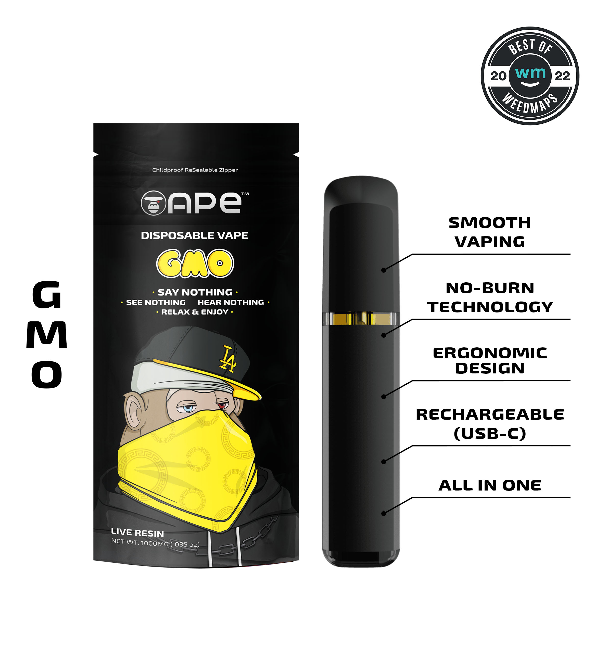 GMO – 1g Live Resin Disposable Vape | APE 1 GMO disposable vape by Ape with sleek design and no-burn technology, awarded Best of Weedmaps 2022.