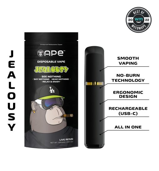 Jealousy – 1g Live Resin Disposable Vape | APE 1 Jealousy vape with sleek Black design, ergonomic grip, no-burn tech, and USB-C rechargeability, Best of 2022 award.