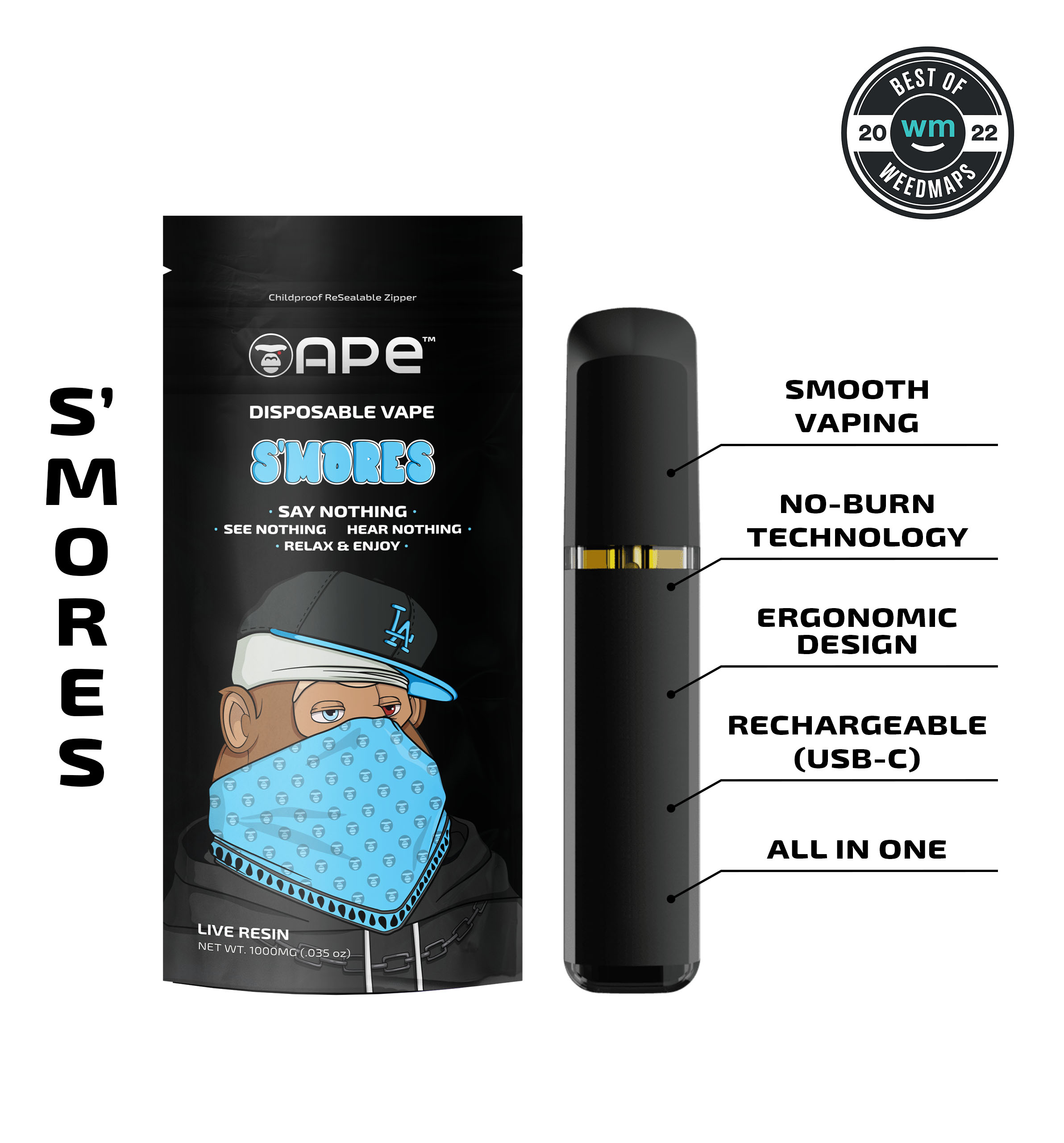 Ape S'mores disposable vape packaging with smooth vaping, ergonomic design, and USB-C recharge features.