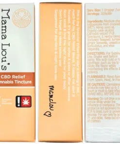 Mama Lou's CBD Relief Cannabis Tincture packaging with ingredients and usage instructions.