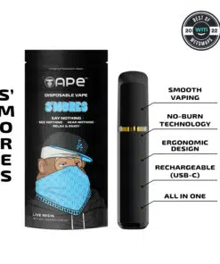 Ape S'mores disposable vape packaging with smooth vaping, ergonomic design, and USB-C recharge features.