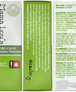 Mama Lou's CBG Calm Cannabis Tincture packaging with ingredients and usage instructions.