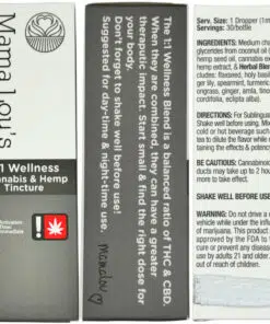 Alt text: Mama Lou's 1:1 Wellness Cannabis Hemp Tincture packaging, includes ingredients, directions, and warnings.