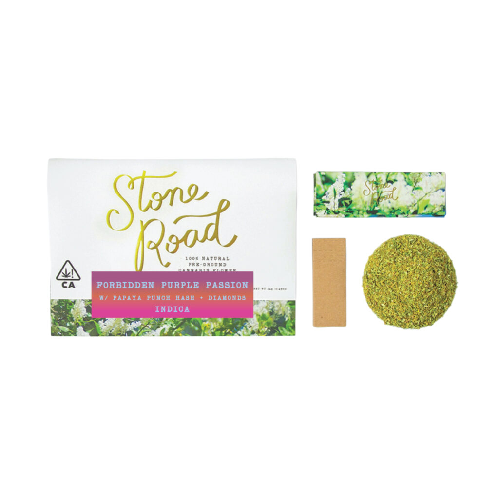 Stone Road Forbidden Purple Passion cannabis packaging with pre-ground blend, hash block, and rolling paper.