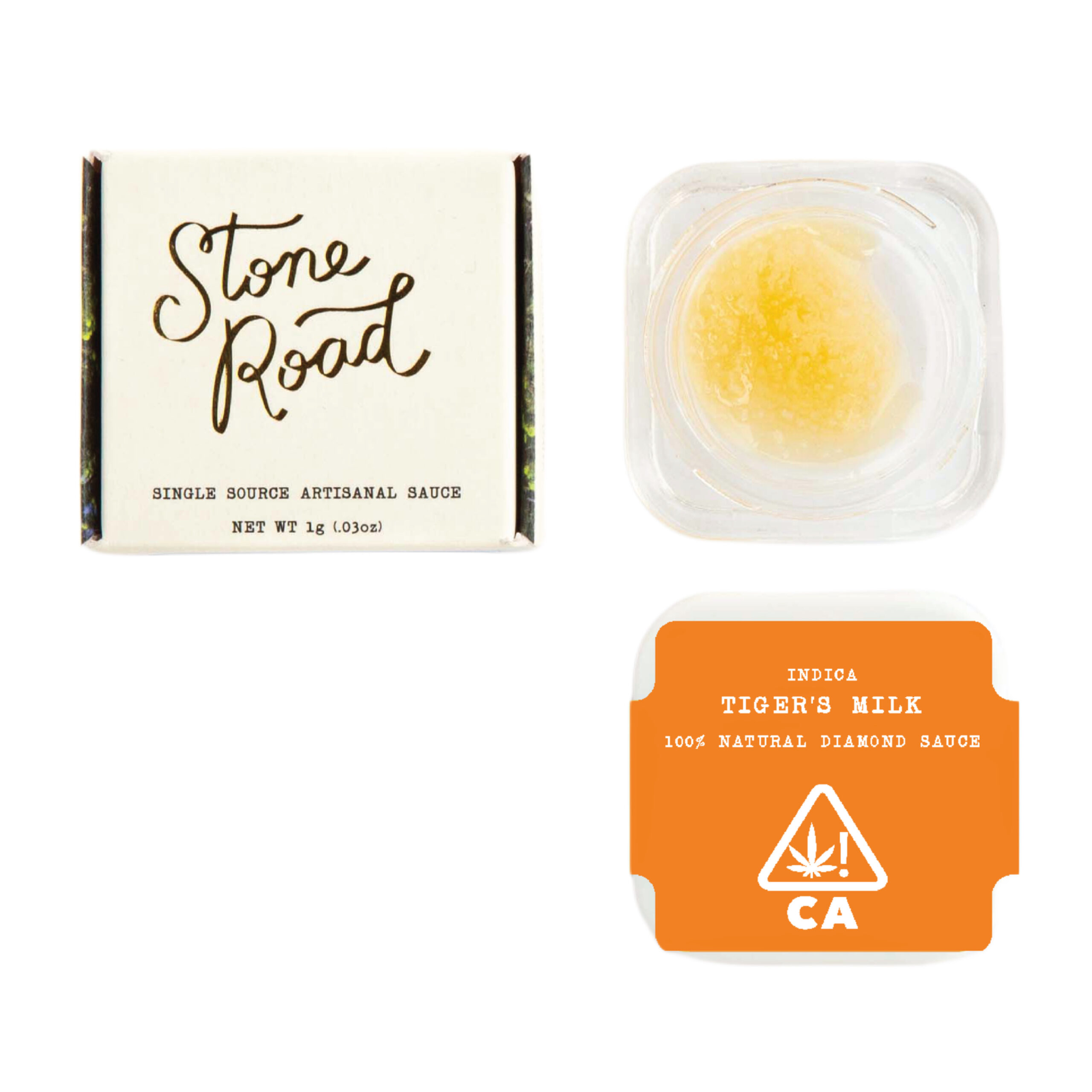 Tiger's Milk Indica Diamond Sauce | 1G Stone Road 1 Stone Road Indica Tiger's Milk 1g artisanal sauce, single source natural diamond cannabis concentrate packaging.