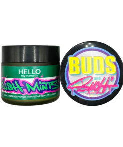 Cannabis jar labeled Kush Mints and Buds on a colorful design. Premium hand-trimmed flower packaging.