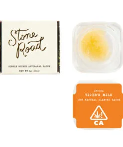 Stone Road Indica Tiger's Milk 1g artisanal sauce, single source natural diamond cannabis concentrate packaging.