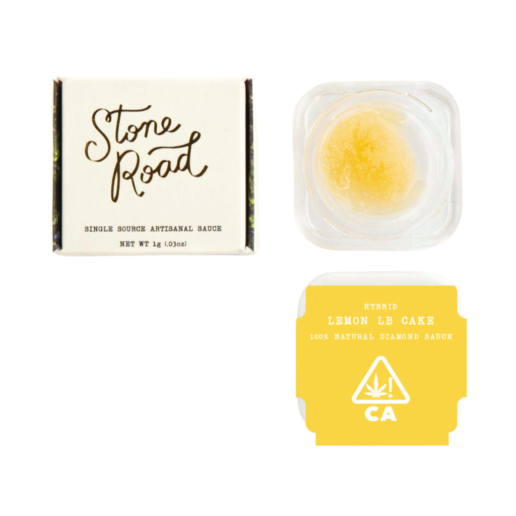 Stone Road Lemon LB Cake hybrid cannabis sauce packaging and product, 1g, 100% natural diamond sauce.