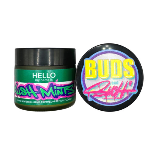 Cannabis jar labeled Kush Mints and Buds on a colorful design. Premium hand-trimmed flower packaging.