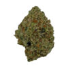 Close-up of a cannabis bud with green, orange, and brown hues, showcasing its texture and trichomes.