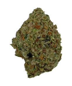 Close-up of a cannabis bud with green, orange, and brown hues, showcasing its texture and trichomes.