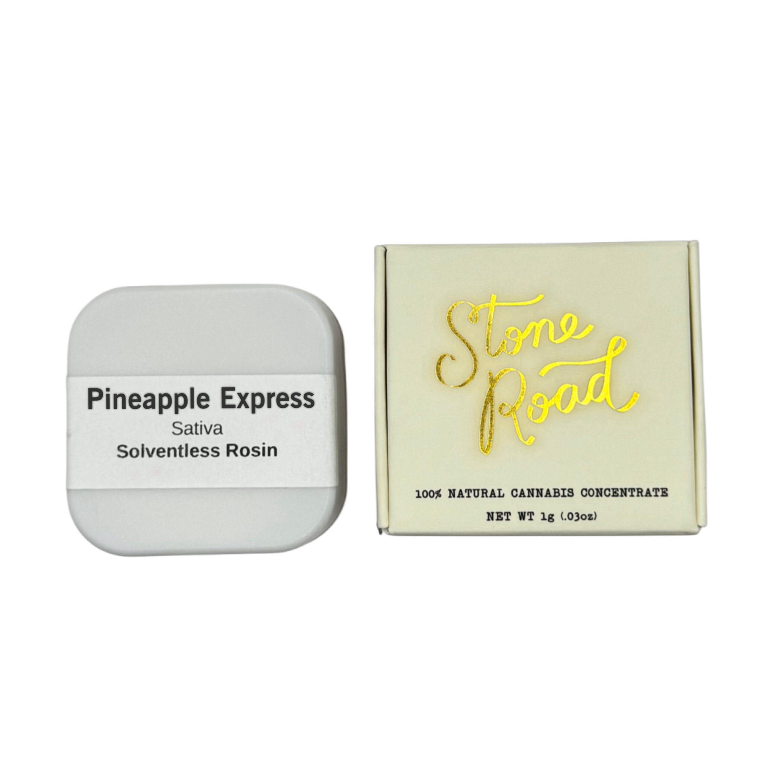 Pineapple Express Sativa Rosin with Stone Road packaging, 100% natural cannabis concentrate, 1g.