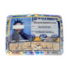 Colorful cannabis-themed ID card parody with holographic features and signature.