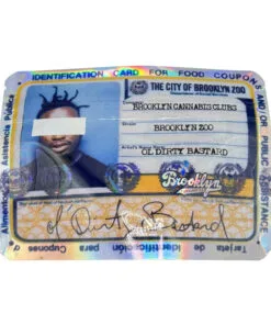 Colorful cannabis-themed ID card parody with holographic features and signature.
