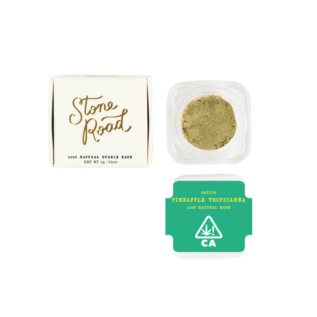 Natural bubble hash collection featuring Pineapple Tropicanna and Stone Road packaging, Sativa strain.