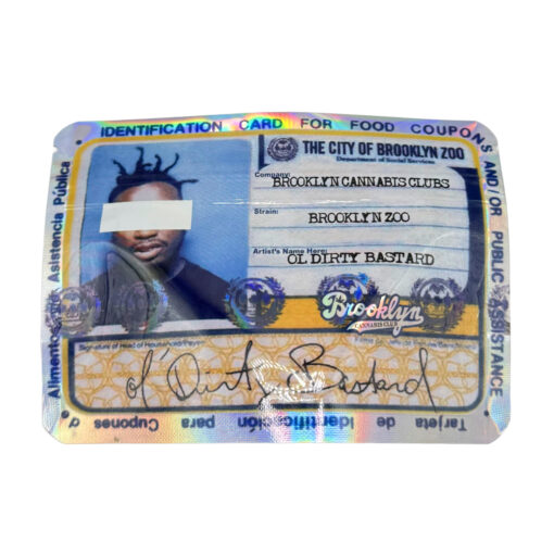 Colorful cannabis-themed ID card parody with holographic features and signature.