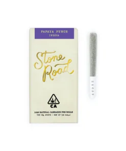 Stone Road Papaya Punch Indica cannabis pre-roll and packaging.
