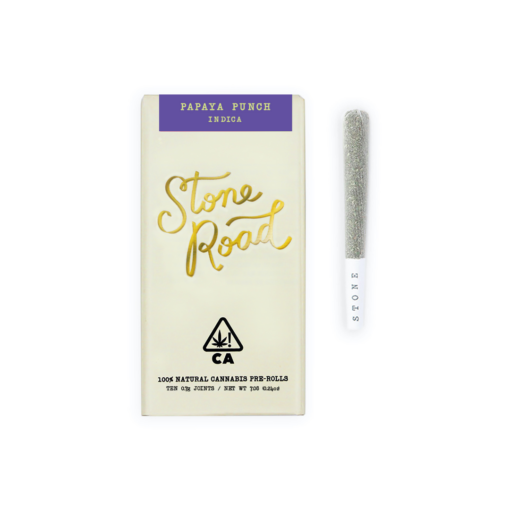 Stone Road Papaya Punch Indica cannabis pre-roll and packaging.